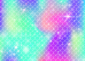 Kawaii mermaid background with princess rainbow scales pattern. Fish tail banner with magic sparkles and stars. Sea fantasy invitation for girlie party. Hipster kawaii mermaid backdrop.