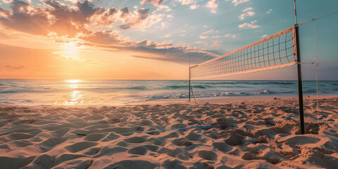 Beautiful sunset volleyball game on the beach with ocean background, perfect summer evening...