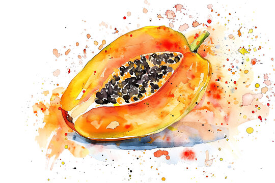 Minimalistic watercolor of a Papaya on a white background, cute and comical.