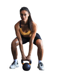 Fit and muscular woman focused on lifting a dumbbell during an exercise class on a transparent background