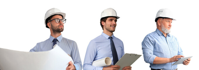 Confident architects in hardhat holding a blueprint and looking at area for work on a transparent background