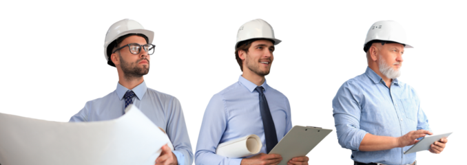 Confident architects in hardhat holding a blueprint and looking at area for work on a transparent background