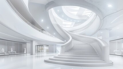 Modern Architectural Elegance: White Spiral Staircase in a Futuristic Interior