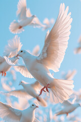 Obraz premium A digital art piece depicting white doves ascending against a clear blue sky, illustrating freedom from violence,