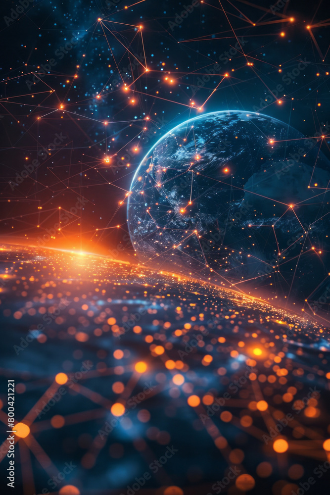 Poster a detailed illustration of a global network with nodes and connections sprawling across a digital gl