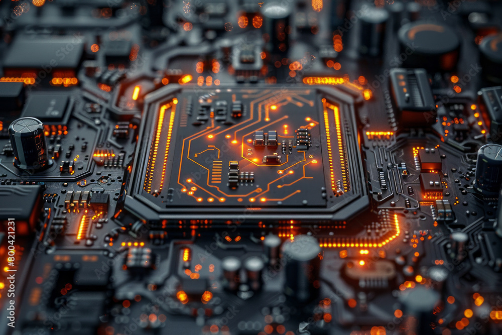 Poster A close-up view of a circuit board, with intricate pathways and nodes highlighted to show data flow,