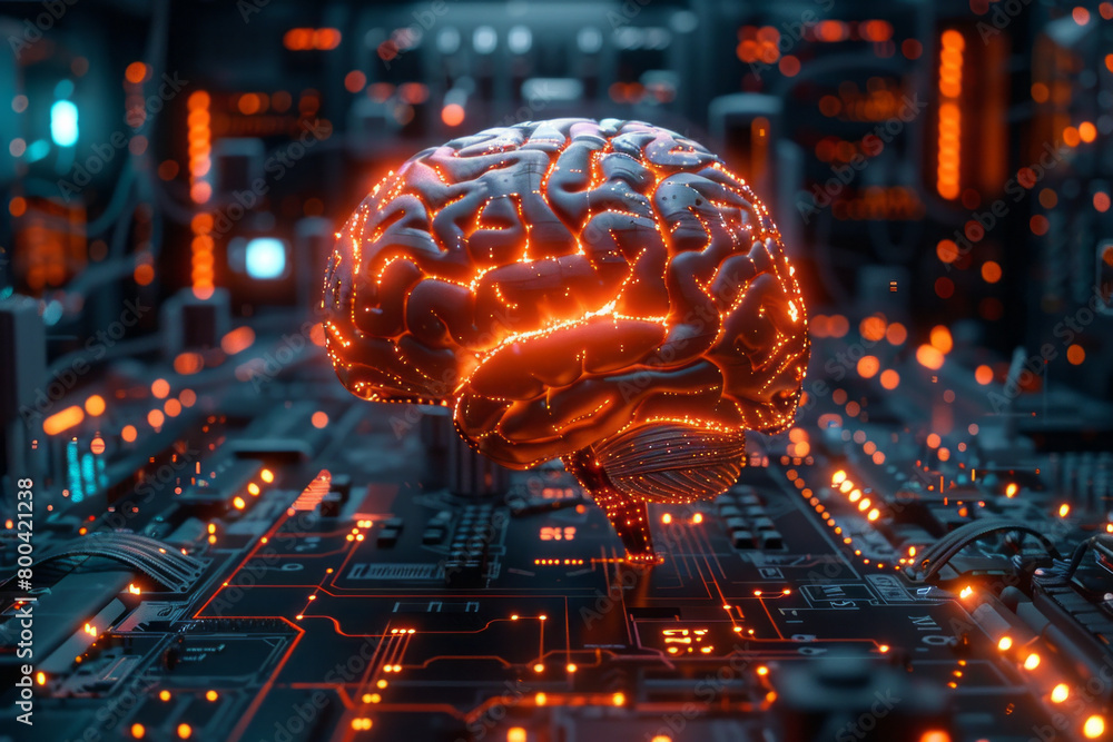 Poster A cybernetic brain interface, showing connections between neural pathways and artificial enhancements,