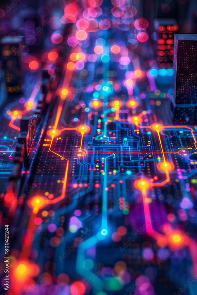 Poster A complex subway map reimagined as a digital network, with lines representing data pathways,