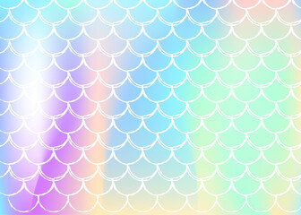 Gradient mermaid background with holographic scales. Bright color transitions. Fish tail banner and invitation. Underwater and sea pattern for girlie party. Stylish backdrop with gradient mermaid.