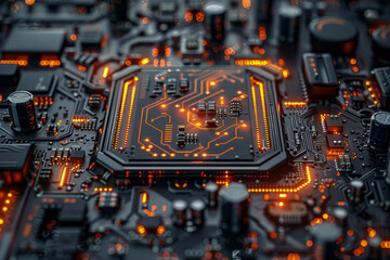Obraz premium A close-up view of a circuit board, with intricate pathways and nodes highlighted to show data flow,