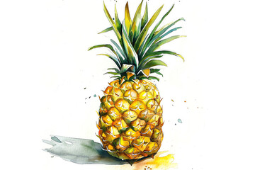 Minimalistic watercolor of a Pineapple on a white background, cute and comical.