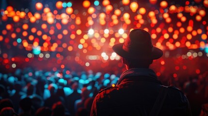 Solitary Man Amidst Vibrant Concert Crowd Under Red Lights