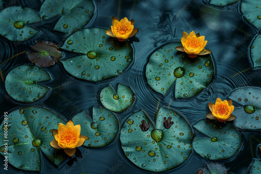 Poster a design where frog footprints merge with lily pads and pond ripples, showing their amphibious life,