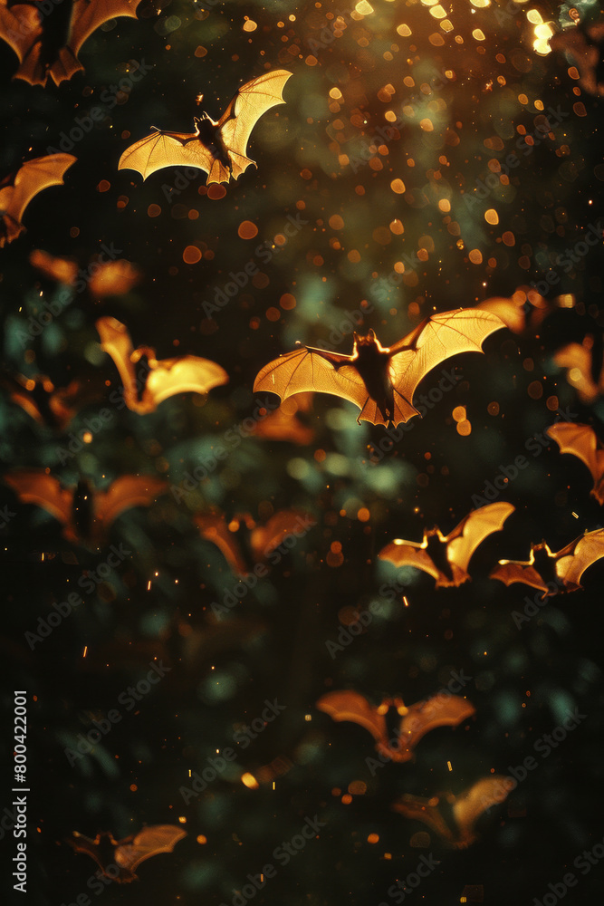 Poster a pattern where bat silhouettes turn into the night sky, illustrating their echolocation abilities a