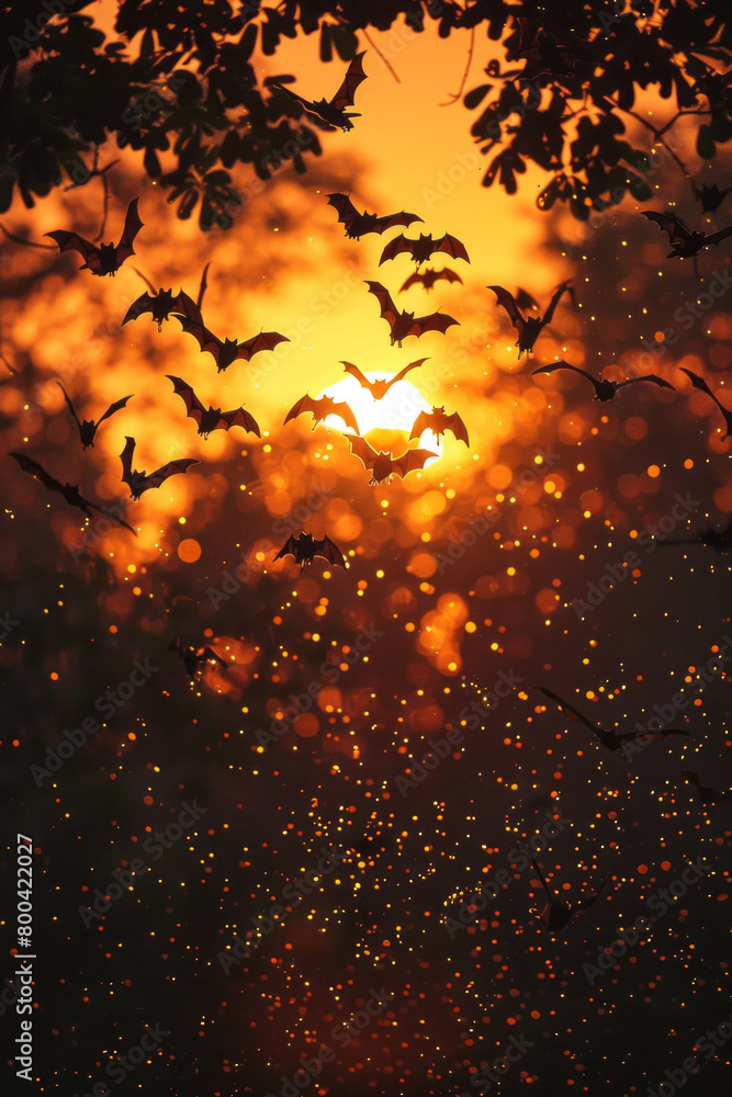 Poster a pattern where bat silhouettes turn into the night sky, illustrating their echolocation abilities a