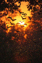 A pattern where bat silhouettes turn into the night sky, illustrating their echolocation abilities and nocturnal life,