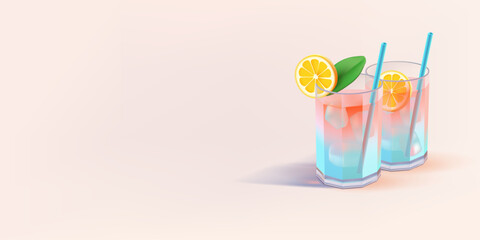 3D, refreshing cocktails with ice, alcoholic, soft drinks with orange. For advertising restaurants, pubs, summer holidays, and refreshing soft drinks. Vector