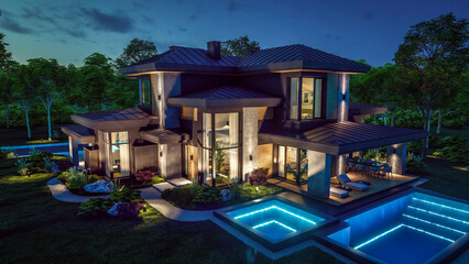 3d rendering of modern two story house with gray and wood accents, large windows, parking space in the right side of the building. Clear summer night with many stars on the sky.