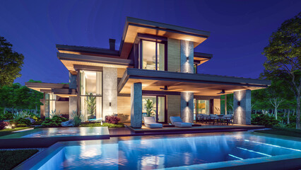 3d rendering of modern two story house with gray and wood accents, large windows, parking space in the right side of the building. Clear summer night with many stars on the sky.