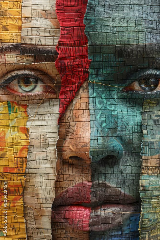 Poster an abstract composition of words woven into a tapestry that depicts various human faces, illustratin