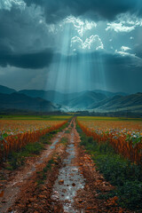 A vibrant portrayal of a monsoon, with heavy rain rejuvenating a barren land, symbolizing renewal and hope,