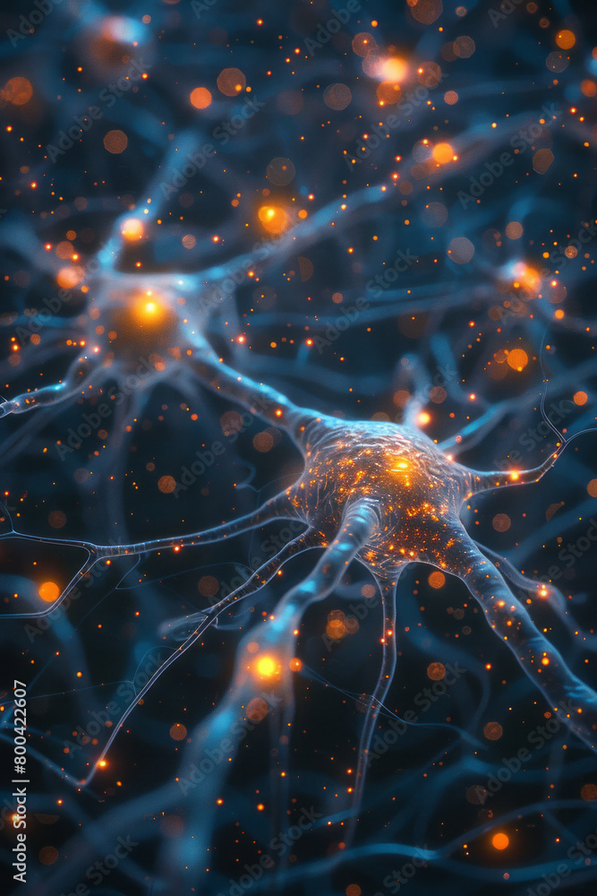 Poster a digital illustration of a network of neurons where each connection is formed by words, symbolizing
