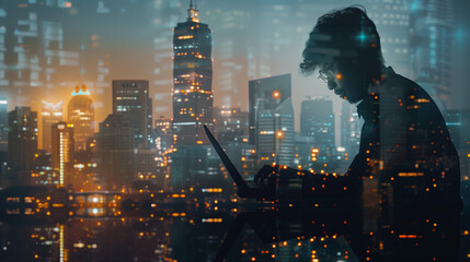 city skyline. Urban Finance: Businessman Works on Laptop Amidst City Skyline, Reflecting Financial Technology