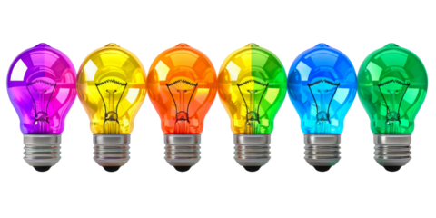 Vibrant rainbow light bulbs symbolizing ideas and creativity on a transparent background.