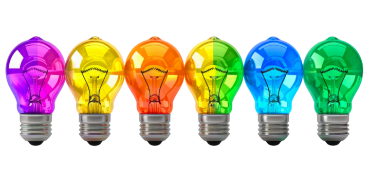 Vibrant rainbow light bulbs symbolizing ideas and creativity on a transparent background.