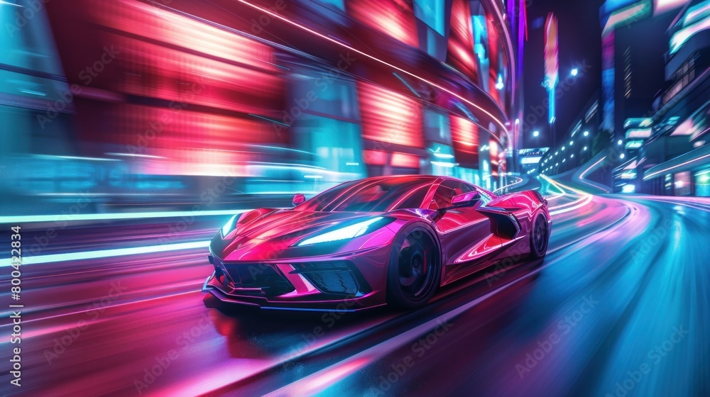 Poster red sports car moving at high speed through the city streets, adorned with neon lights to create a m