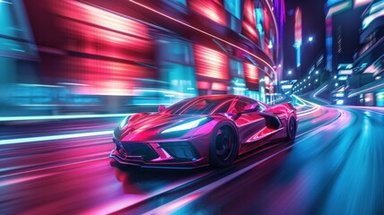 Fototapeta premium Red sports car moving at high speed through the city streets, adorned with neon lights to create a motion effect. Illustrating the concept of futuristic automobile technology through a 3D rendering.