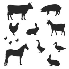 Vector Farm Animals Silhouettes Isolated on White. different farm animals, a series composed of black silhouettes and another without a background with white outlines.
