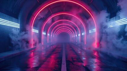Sci-fi futuristic depiction of an asphalt tunnel corridor with smoke effects, neon glowing arcs, and double-lined concrete walls. Rendered in 3D to illustrate an underground car showroom at night.
