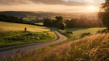 Cyclist enjoying a serene sunset ride through rolling countryside - Powered by Adobe