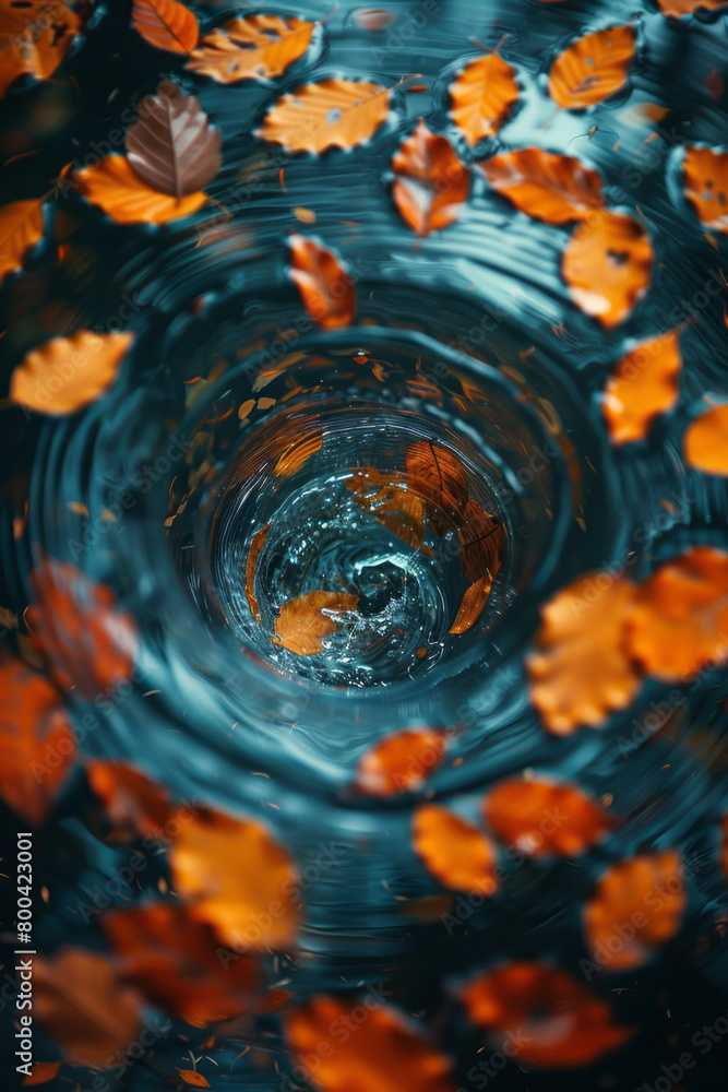 Poster a swirling vortex of leaves and wind in autumn colors, symbolizing change and the inevitable cycles 