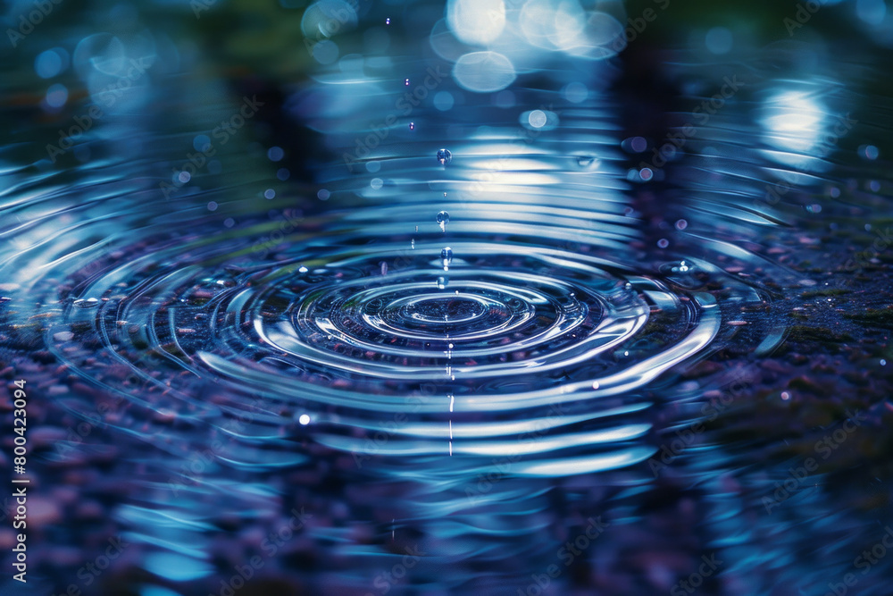 Poster a series of ripples expanding outward from a single point in a pond, depicted in calming blues and i