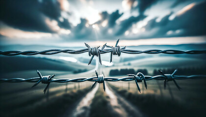 Freedom Beyond Barriers: A Striking Contrast of Barbed Wire and Expansive, Beautiful Landscape - Powered by Adobe