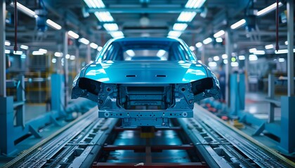 Obraz premium A robotic painting arm applying an even coat on car bodies in an auto manufacturing line, vibrant blue color