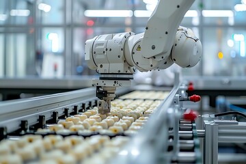 A robotic maintenance unit troubleshooting a conveyor belt system in a food processing plant, sterile environment