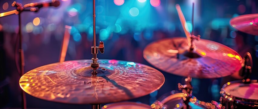 drum kit with cymbals on stage, blurry background.