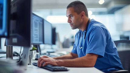 Concentrated male nurse working on a computer in a hospital setting.