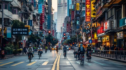 Cyclists navigate a bustling city street lined with neon signs at dusk