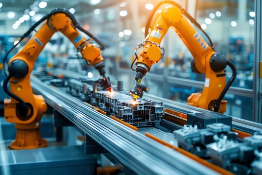 A pair of industrial robots collaboratively assembling a large engine, precision tools in motion