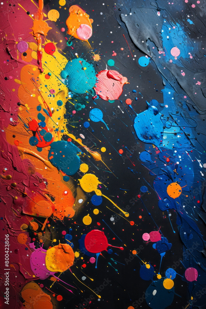 Poster a series of splattered paint blots on a canvas, each blot expanding and merging with others, showing
