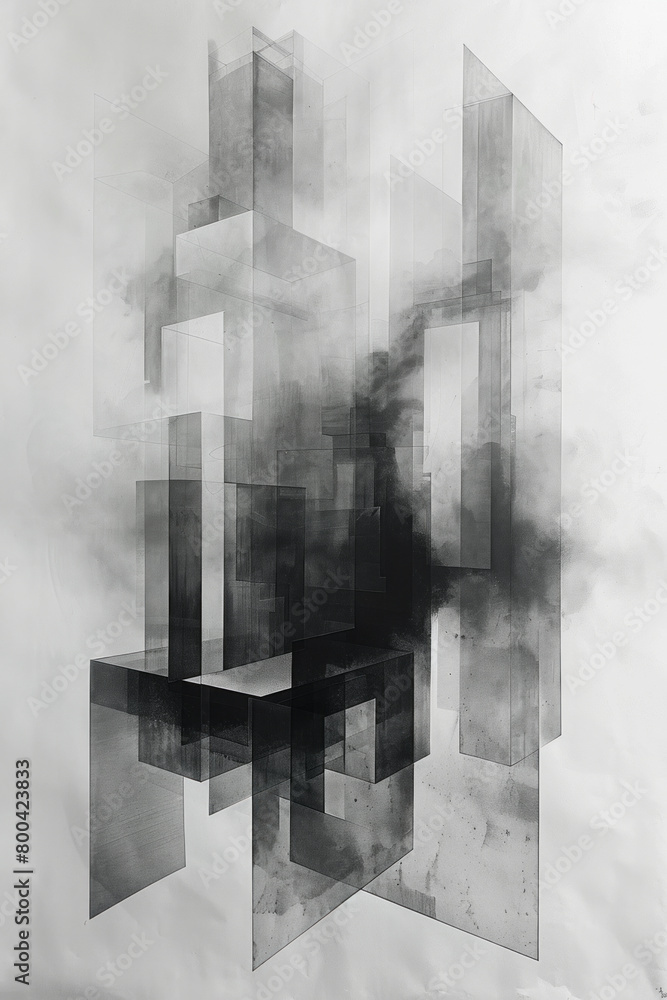 Poster An artwork with a series of overlapping, translucent squares in shades of gray, creating depth and interest in minimalism,