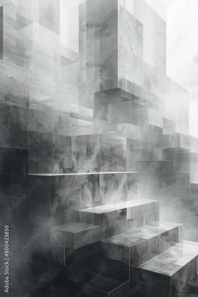 Poster An artwork with a series of overlapping, translucent squares in shades of gray, creating depth and interest in minimalism,