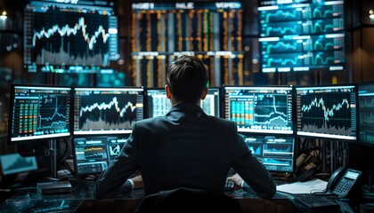 A broker making highstakes trades in a bustling stock exchange, multiple screens showing live trades