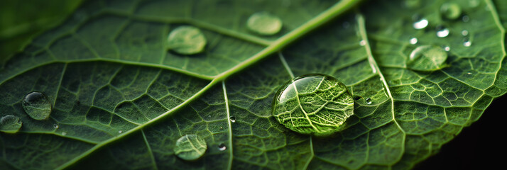 Macro shot capturing the intricate patterns of a leaf's veins behind the scattered dew drops