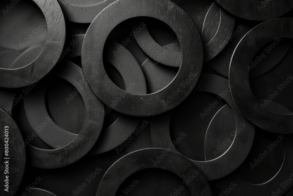 Poster An arrangement of overlapping circles in varying opacities of black, creating a sense of depth and complexity through simplicity,