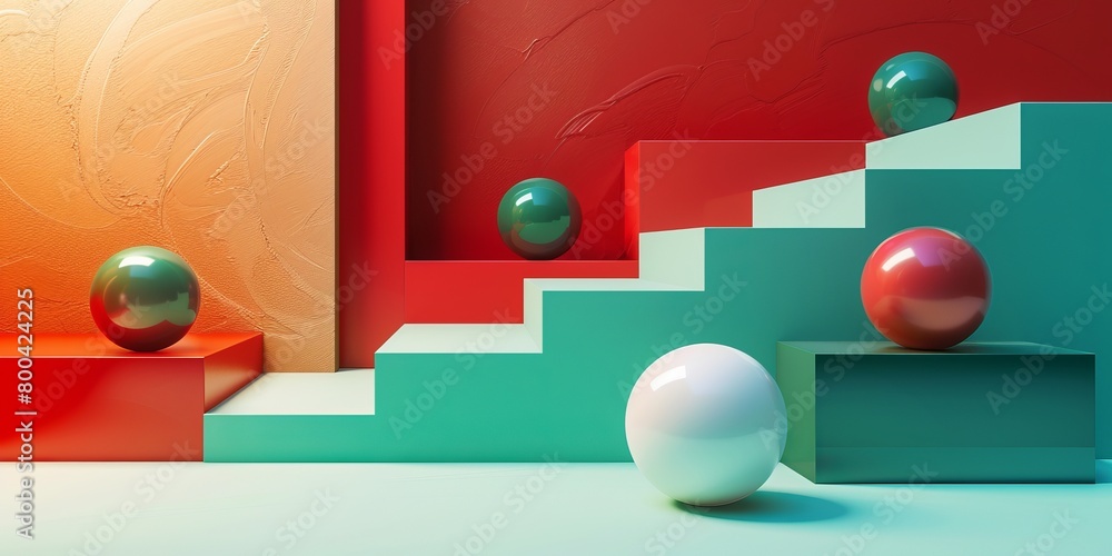 Poster illustration of colorful geometric shapes of smooth and shiny spheres on steps of square platforms a